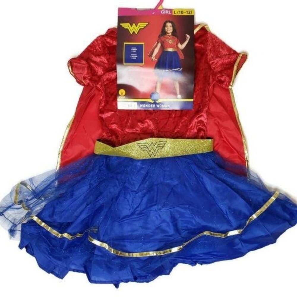 Girls Wonder Woman super hero halloween Costume Dress & Cape Set Sz L 10-12 kids - Picture 4 of 4